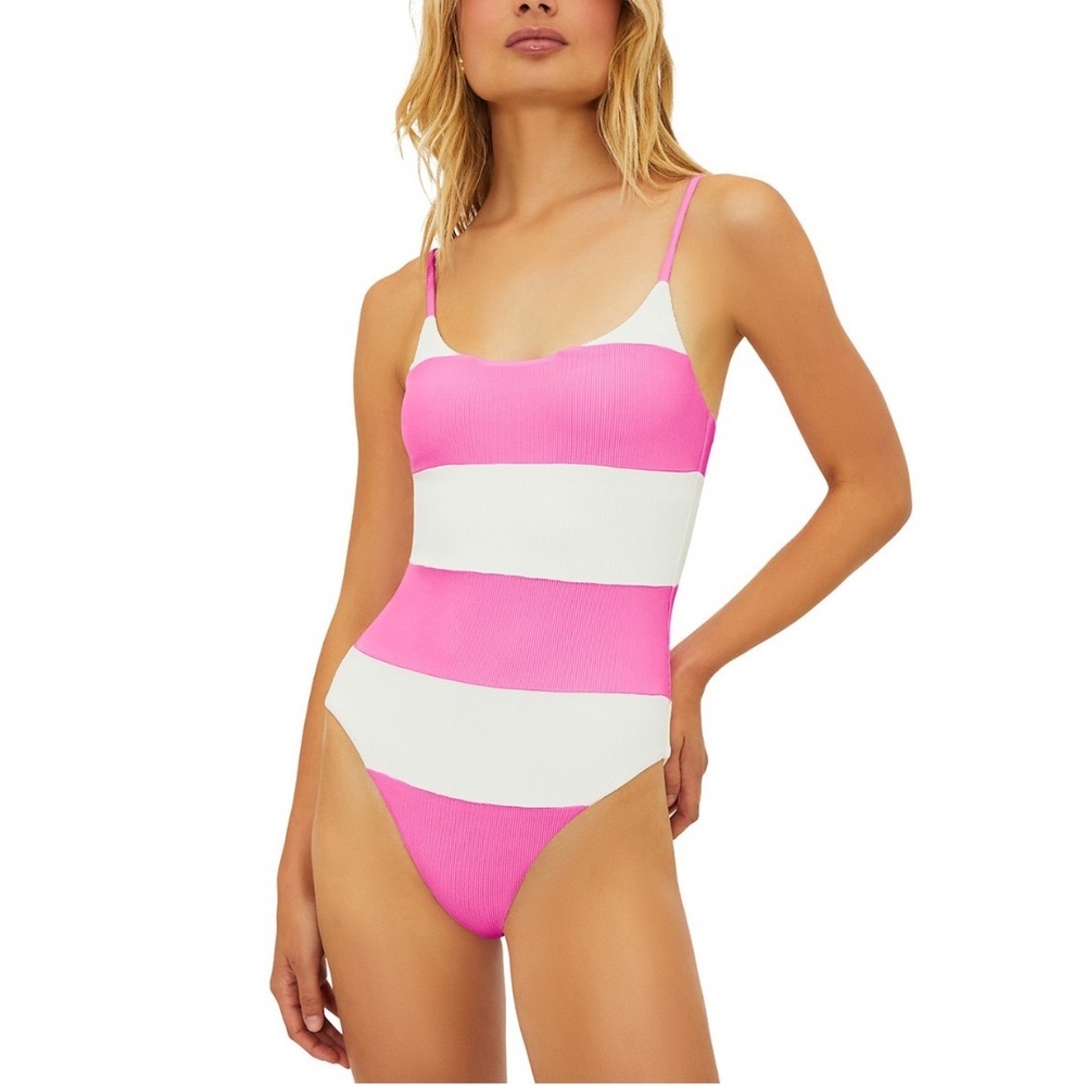 Beach Riot Calista One Piece Swimsuit Prism Pink White Ribbed Stripe Medium